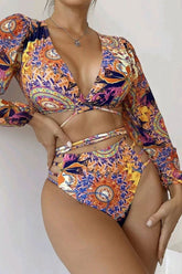 Paisley Print Long Sleeve Retro Strappy Bikini