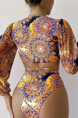 Paisley Print Long Sleeve Retro Strappy Bikini