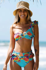 Natural Print Whimsical Ruffle V-Wire Bikini