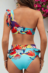 Natural Print Whimsical Ruffle V-Wire Bikini