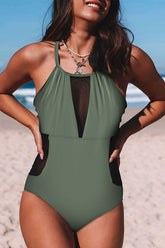 Mesh Patchwork Beachy Cross Back One Piece Swimwear