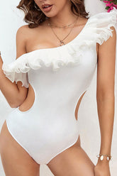 Solid Color Elegant Ruffle Cutout Waist One Piece Swimwear