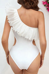 Solid Color Elegant Ruffle Cutout Waist One Piece Swimwear