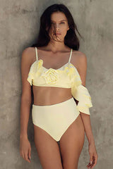 Solid Color 3D Flower Decor Stylish Ruffles Bikini