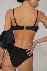 Solid Color 3D Flower Decor Stylish Ruffles Bikini