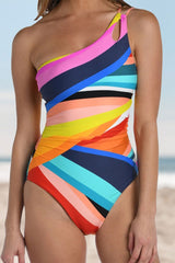 Rainbow Striped On-trend One Shoulder One Piece Swimwear