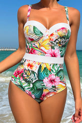 Patchwork Floral Print Tropical Sweetheart Neck One Piece Swimwear