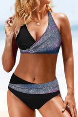 Patchwork Shimmery Halter Collar Bikini