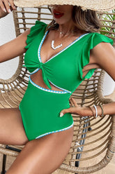 Patchwork Rocking Ruffles Cutout One Piece Swimwear