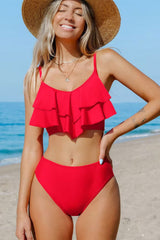 Solid Color Casual Tiered Ruffles Bikini