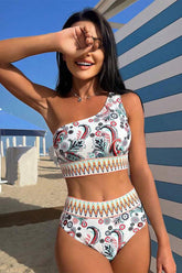 Paisley Print Retro Chevron Tape Patchwork One Shoulder Bikini