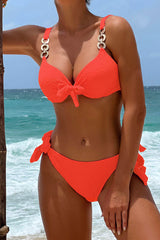 Solid Color Chain Decor Stylish Lace-Up Bikini