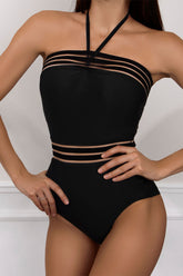 Mesh Tape Patchwork Classic Halter Collar One Piece Swimwear