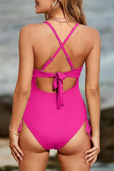 Solid Color Beachy Twisted Cutout Drawstring One Piece Swimwear