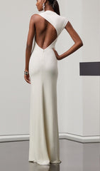 CROSS-SHOULDER OPEN-BACK MOP DRESS IN WHITE