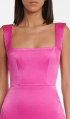 SQUARE-NECK SATIN MIDI DRESS IN ROSE RED