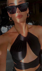 VEST WITH METAL CHAIN HANGING NECK TOP IN BLACK