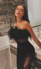 LACE FEATHER DRESS IN BLACK