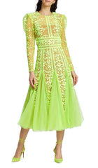 LACE PLATED MIDI DRESS IN GREEN