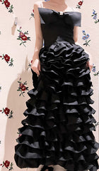 LAYERED BOW-EMBELLISHED MAXI DRESS IN BLACK