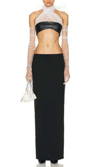 LEATHER BANDEAU CROSSOVER TULLE TWO PIECE IN BLACK