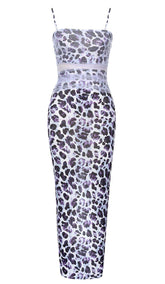 LEOPARD OUT MESH MIDI DRESS IN LAVENDER