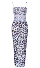 LEOPARD OUT MESH MIDI DRESS IN LAVENDER