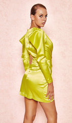 LIME SATIN DRAPED SLEEVE DRESS