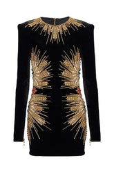 LONG-SLEEVE EMBELLISHED MINI DRESS IN BLACK