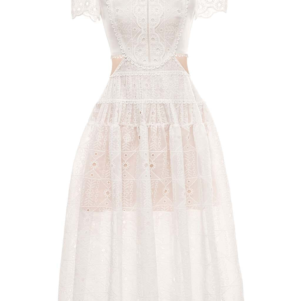 Lace Detail Printed Short Sleeve Midi Dress