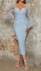 MESH SLEEVE BODYCON MIDI DRESS IN BLUE