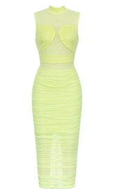 MESH RUCHED MIDI DRESS IN CHARTREUSE