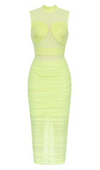 MESH RUCHED MIDI DRESS IN CHARTREUSE