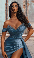 STRAPLESS SATIN-CREPE MAXI DRESS IN GREY BLUE