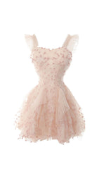 OFF -SHOULDER FLOWER MINI DRESS IN PINK