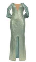 OFF-SHOULDER RIBBON MAXI DRESS IN GREEN