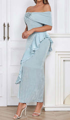 OFF SHOULDER RUFFLED MAXI DRESS IN TINGED BLUE