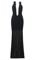 PLUNGING HALTER NECKLINE MAXI DRESS IN BLACK