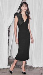 PLUNGING NECKLINE BOW MIDI DRESS IN BLACK