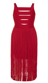 PLUS CUTOUT TASSEL MIDI DRESS IN RED
