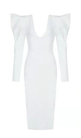 PUFF SLEEVE MESH MIDI DRESS IN WHITE