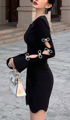 RHINESTONE BOW-EMBELLISHED MINI DRESS IN BLACK