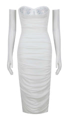 RUCHED BANDEAU MIDI DRESS IN WHITE