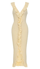 RUCHED RUFFLE TRIM MIDI DRESS