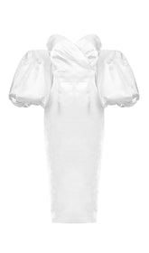 SATIN STRAPLESS MIDI DRESS IN WHITE