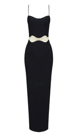 SCALLOPED MESH INSERT MAXI DRESS IN BLACK