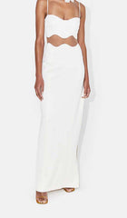 SCALLOPED MESH INSERT MAXI DRESS IN WHITE