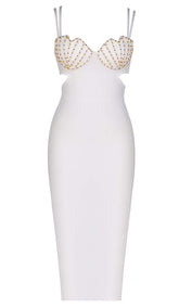 SHELL STRAP BEADING MIDI DRESS IN WHITE