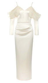 SILK COLD SHOULDER MIDI DRESS IN APRICOT