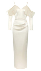 SILK COLD SHOULDER MIDI DRESS IN APRICOT